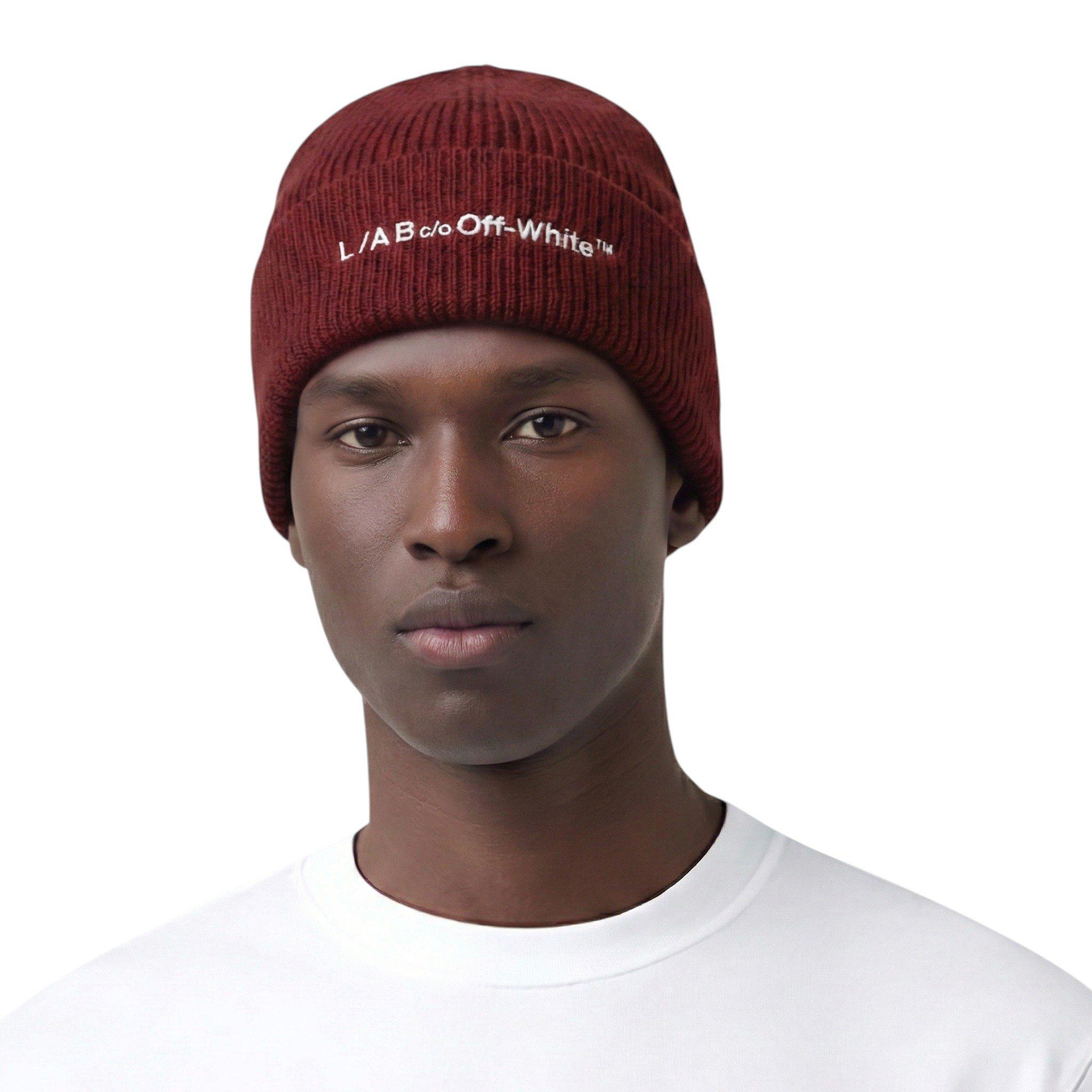 L/AB c/o Off-White Horizontal Embroidered Cuff Beanie - Maroon - MAROON